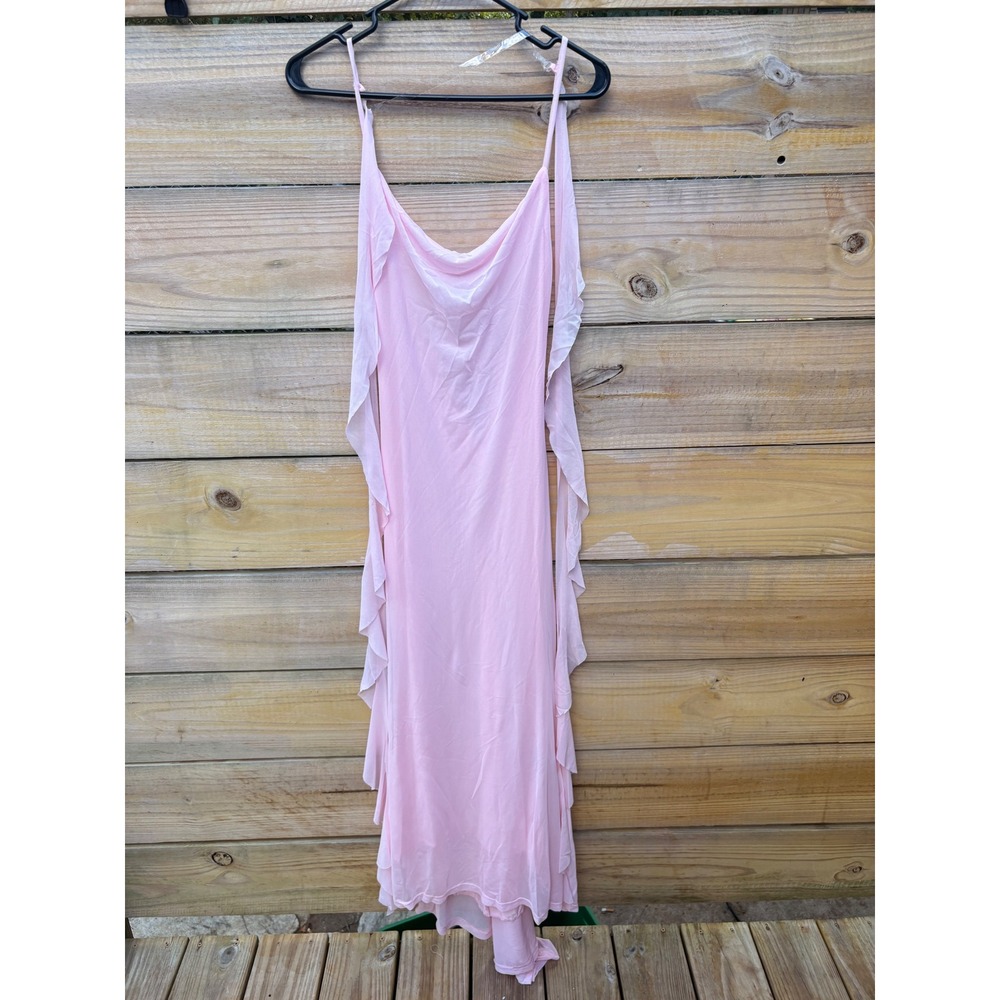 SHEIN Pink Mesh Ruffle Trim Cowl Neck Ruched Back Midi Dress sz M sz260509104552